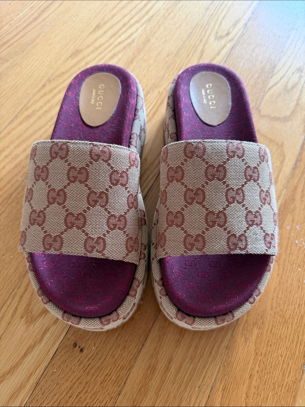 GucciMonogram Slide Sandals in Burgundy and Beige